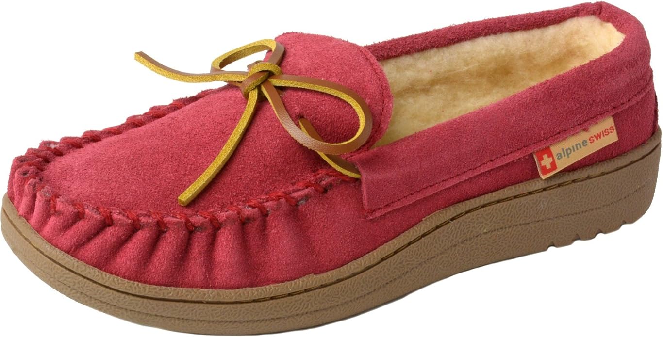 Alpine Swiss Sabine Womens Moccasin Slippers Genuine Suede House Shoe Memory Foam Insole Plush Faux Shearling Fur Indoor O...