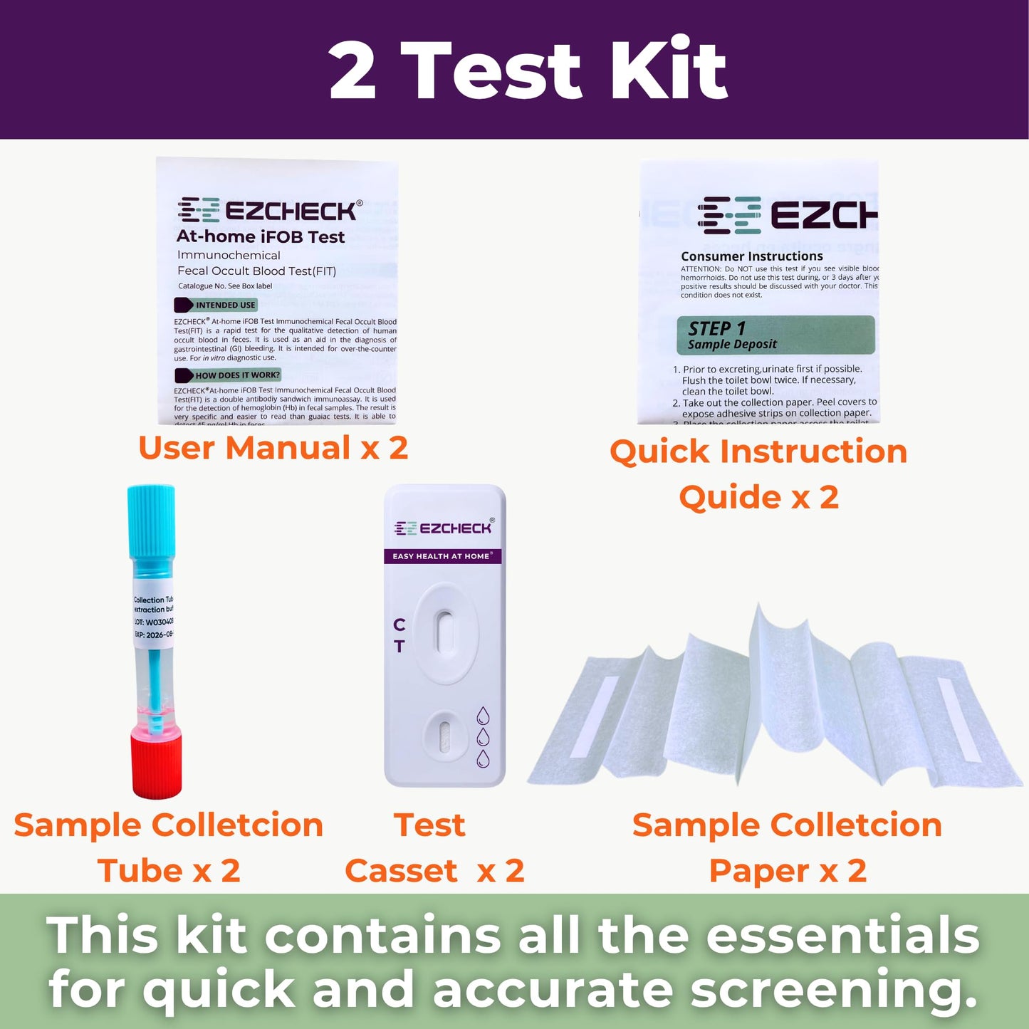 EZCHECK® at-Home iFOB Test (2 Tests) Immunochemical Fecal Occult Blood Test (FIT) for Colon Health Screening, Colon Cancer Screening, Colorectal Cancer Screening, Colon Disease Test