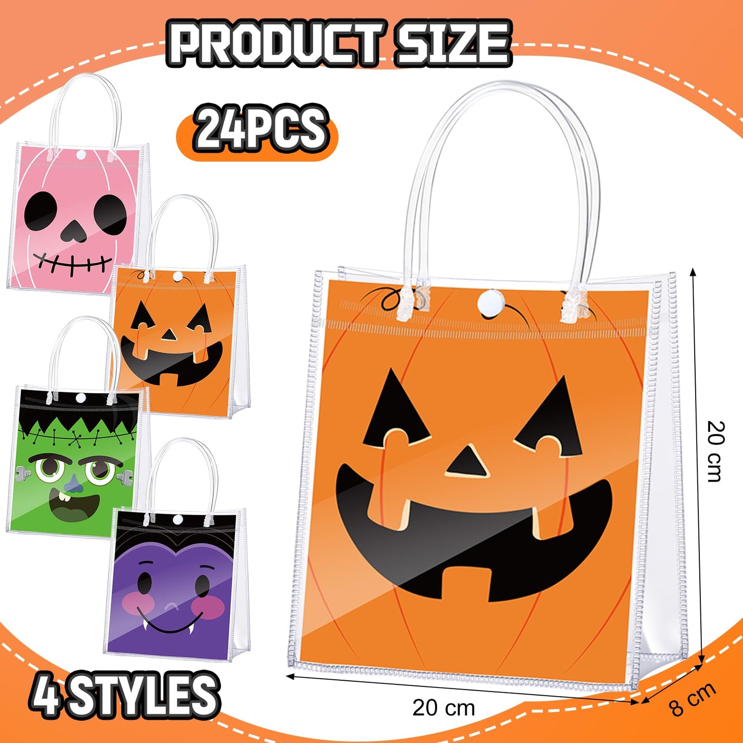 Bulyoou 24 Pcs Halloween Clear PVC Gift Bags with Handle Reusable Grimace Pumpkin Party Favor Bags Pink Treat Tote Bag for Halloween Trick or Treat Supplies
