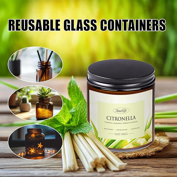 Auelife Scented Candles, 12oz Large 3-Wick Candle for Home Patio Camping & Garden, Natural Soy Wax Citronella Candle for Summer Gift, Long Lasting for Indoor Home Scented, 50+ Hour Burn
