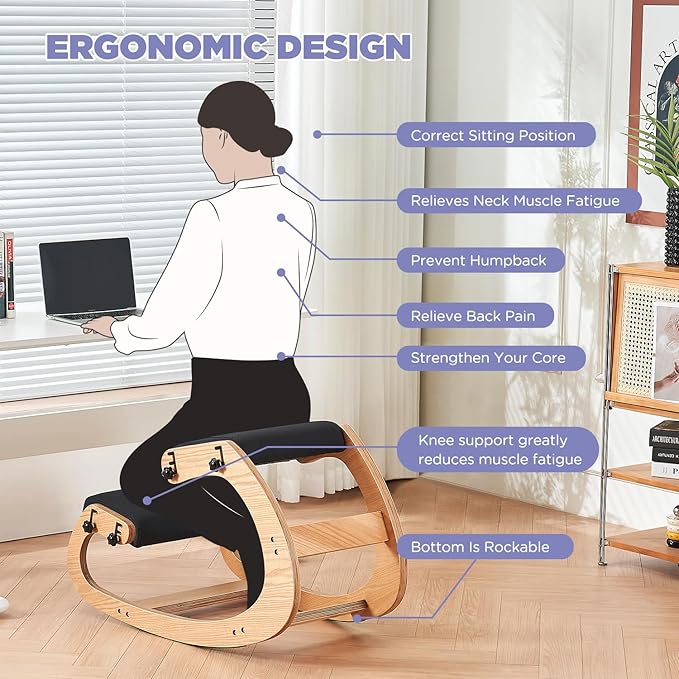 MoomJiee Ergonomic Kneeling Chair,Adjustable Rocking Knee Chair for Home Office,Wooden Office Chair for Back Pain Relief, Black