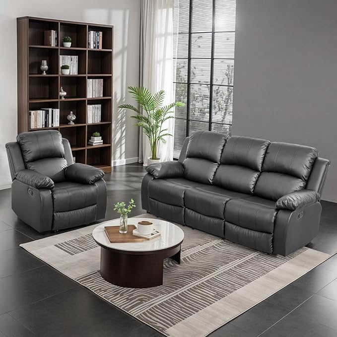 JBXBER Manual Recliner Sofa Set for Living Room, Leather Reclining Sofa Sets, Faux Leather Couch Set with Cup Holders, Drop-Down Table and Storage Console(Sofa and Chair,Black)