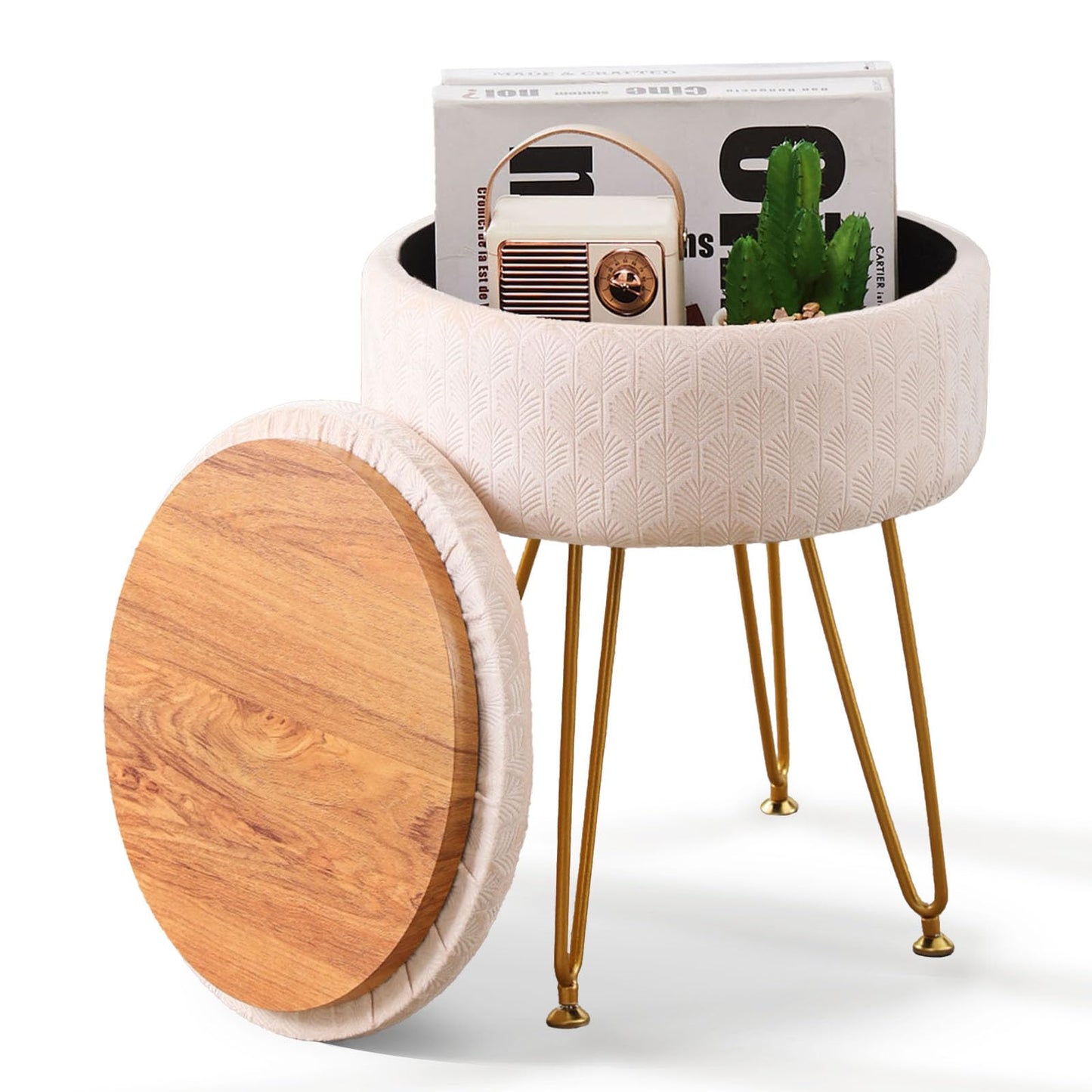Cpintltr Footrest Footstools Round Velvet Ottoman with Storage Space Soft Vanity Chair with Memory Foam Seat Small Side Table Hallway Step Stool 4 Gold Metal Legs with Adjustable Footings Champagne