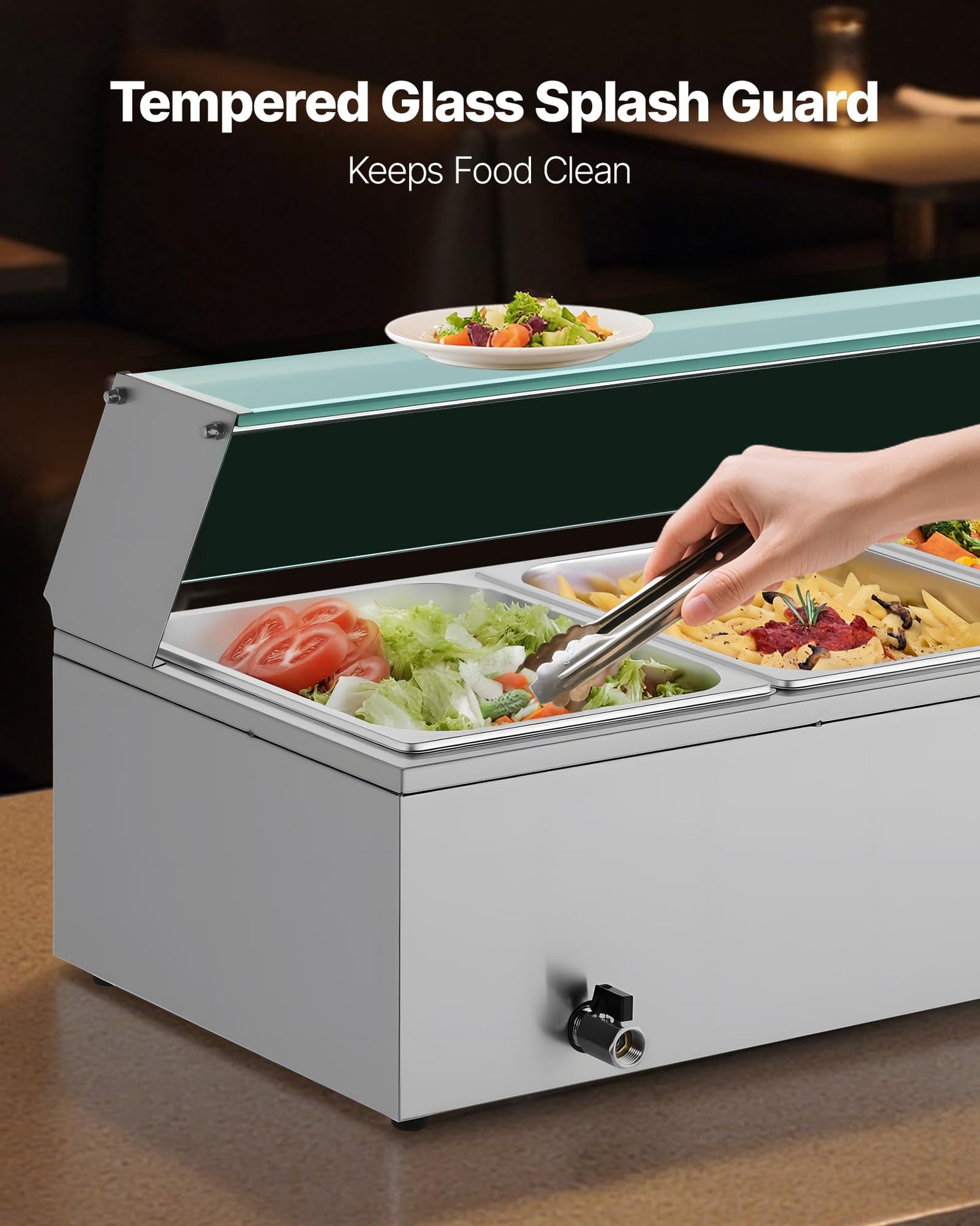 VEVOR Commercial Food Warmer, 1500W Electric Stainless Steel Steam Food Warmer with Glass Cover, 4-Pan Countertop Buffet Bain Marie with Soup & Perforated Ladles, for Catering, Restaurant & Party