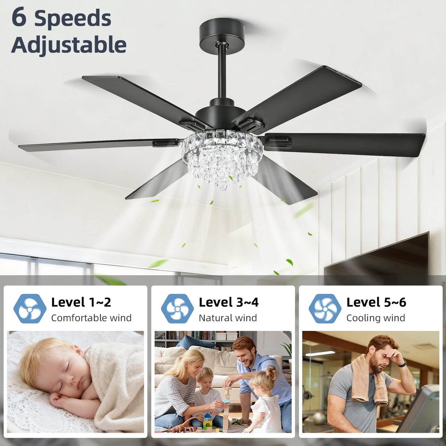 52 Inch Crystal Chandelier Ceiling Fan with Light, 6-Speed Remote Control Black Fandelier with Timer, 6 Reversible Blades Fan Chandelier for Living Room Bedroom, Dimmable LED Light, Quiet DC Motor