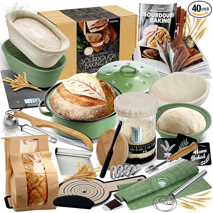 All-Inclusive 𝗣𝗥𝗘𝗠𝗜𝗨𝗠 Sourdough Starter Kit with Pot, 34 Oz Starter Jar, 4 Banneton Bread Proofing Baskets, Scrape...