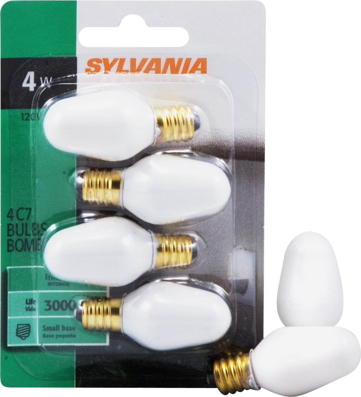 Sylvania Incandescent 4W C7 Night Light Bulb, E12 Candelabra Base, 15 Lumens, Frosted Finish, 2850K, White - 4 Pack (13553)