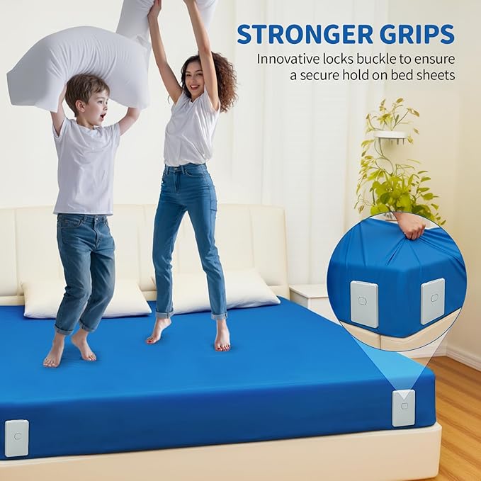 Bed Sheet Holder with Clips Lock, Open Corner Fitted Bedsheet Holders with Straps for Twin, Full, Queen, King Size Mattress, Keep Sheets Firm and Tight, No More Loose Sheets(Light Grey)