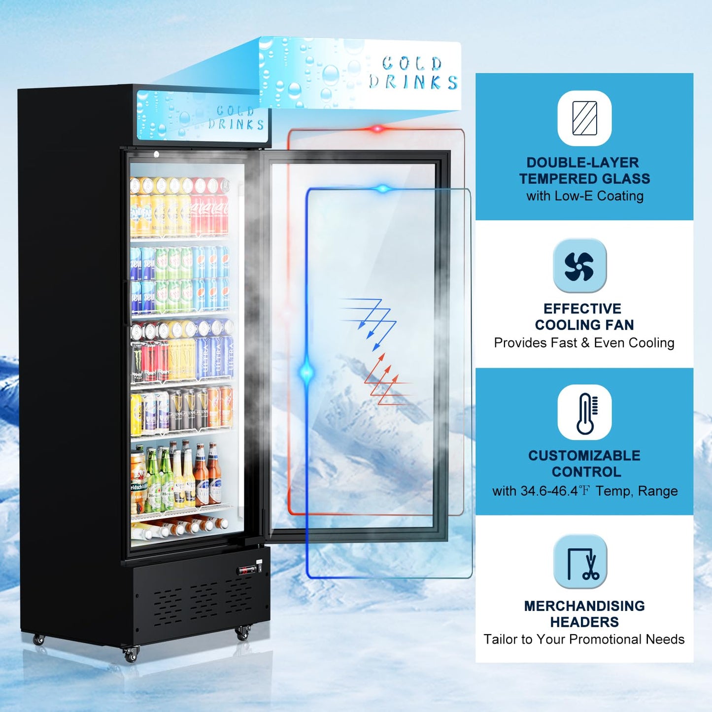 ECEVT 15 Cu.ft. Commercial Refrigerators Glass Door Beverage Refrigerators Commercial Fridge Upright Display Cooler with Soft LED Light and Adjustable Shelves for Restaurant Grocery Stores Home
