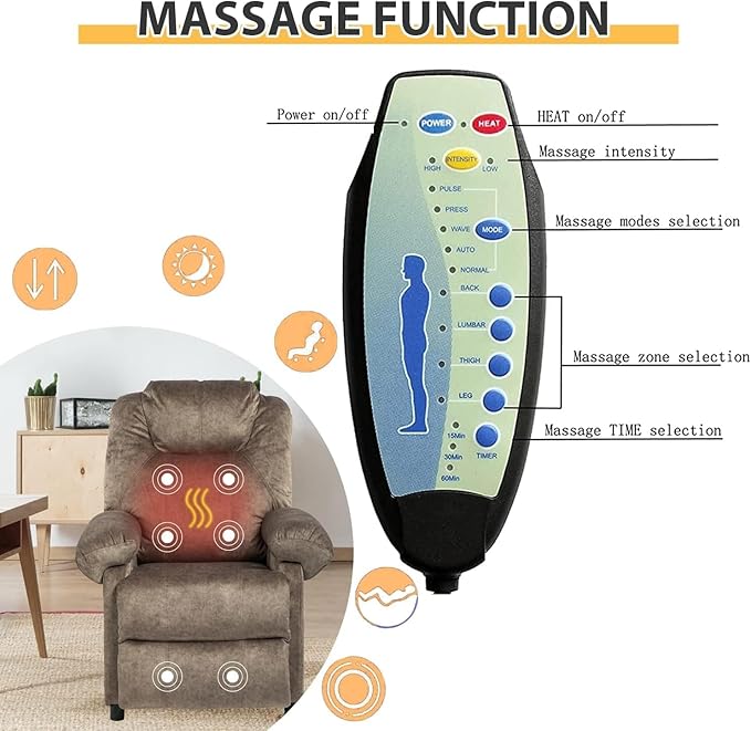 Pushback Massage Recliner Chair with Heat, Fabric Heated Small Massaging Reclining Chair Single Sofa for Adults, Overstuffed Push Back Manual Recliner for Living Room,Brown