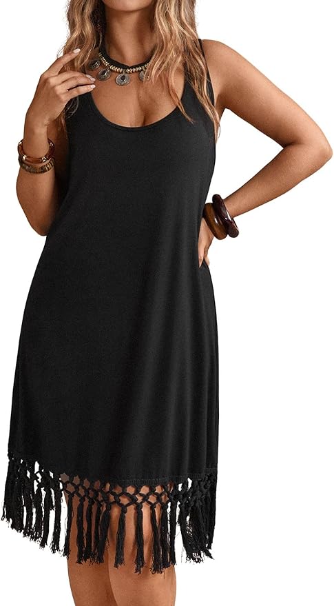 Verdusa Women's Plus Size Fringe Cowgirl Dress Boho Flowy Tassel Sleeveless Midi Dresses