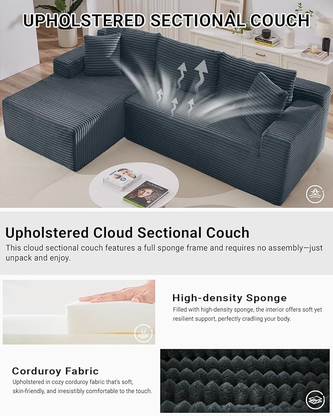 105 Inch Cloud Sectional Couch,Modern Modular Sectional Sofa with Deep Seat,Corduroy Boneless Couches with L-Shape Chaise for Living Room Bedroom,No Assembly Required (Dark Grey, Left Facing Chaise)