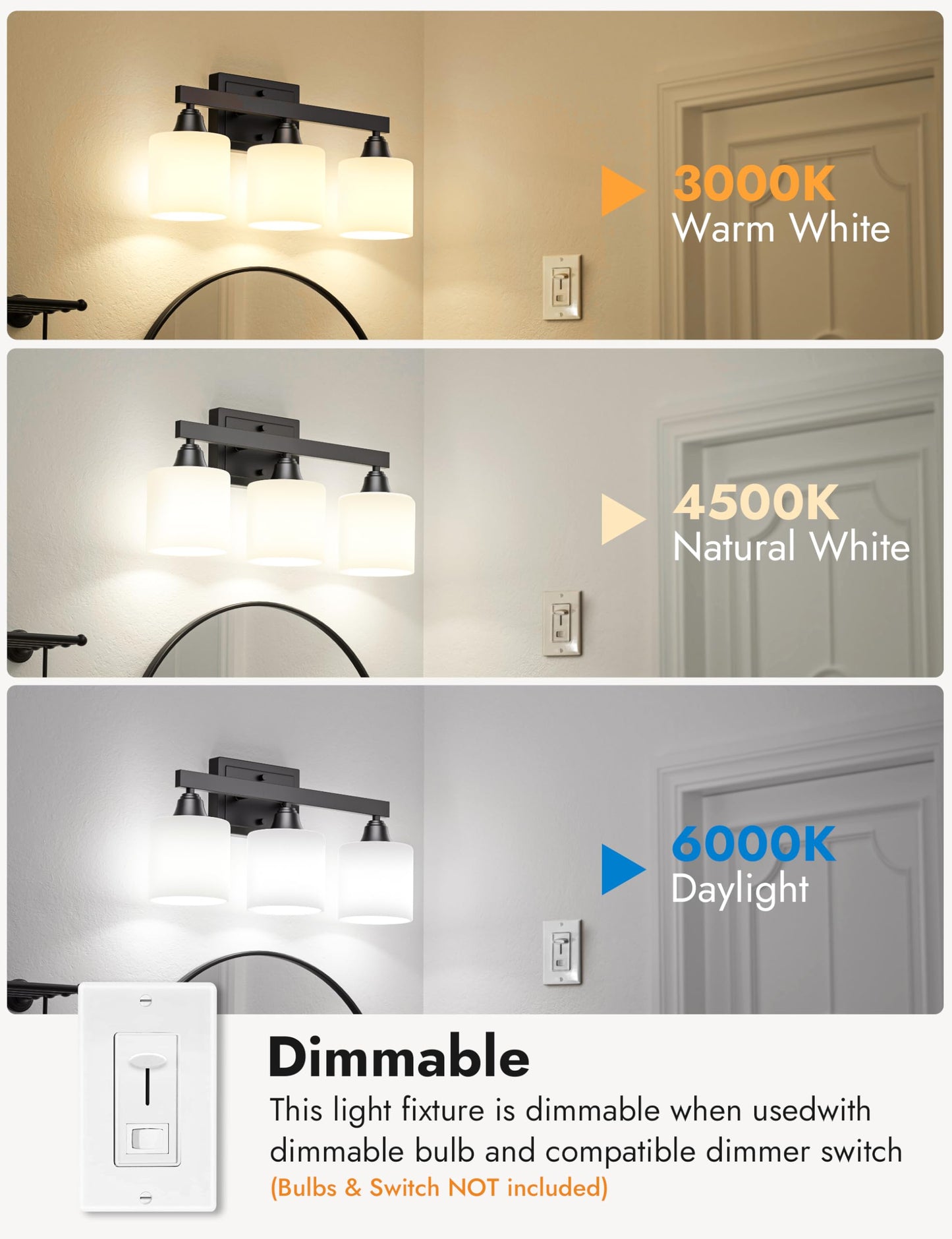 VOLISUN Matte Black Bathroom Light Fixtures, 3-Light Bathroom Vanity Lights Over Mirror, Modern Vanity Light for Bathrooms, Bathrooms Lights Fixtures Over Mirror with Milky White Frosted Glass Shades