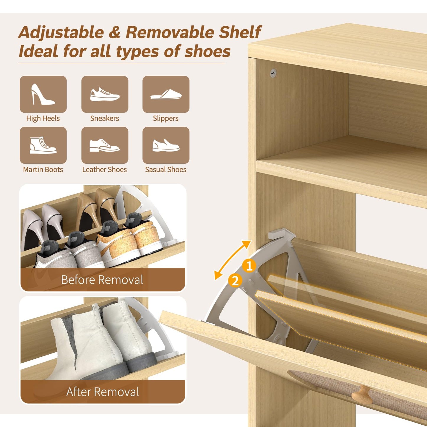 Curlaky Rattan Shoe Cabinet Storage with 2 Flip Drawers, Narrow Freestanding Shoe Storage Cabinet for Entryway, Wood Hidden Shoes Organizer Rack with Adjustable Shelves for Entry Way, Natural