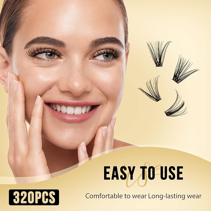 QUEWEL Lash Clusters 320Pcs Cluster Lashes 30D+40D C Curl Lash Cluster Eyelash Extensions Mix9-16mm Individual Eyelashes Clusters Wispy Lash Clusters Thin Band Soft to Use at Home(30D+40D C Mix9-16)