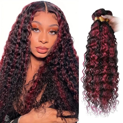 Fabimiya 18 20 22 inch Burgundy P1B/99J Deep Wave Human Hair Bundles Wine Red Human Hair Bundles Unprocessed Burgundy Soft Sewn In Hair with Double Weft for Black Women