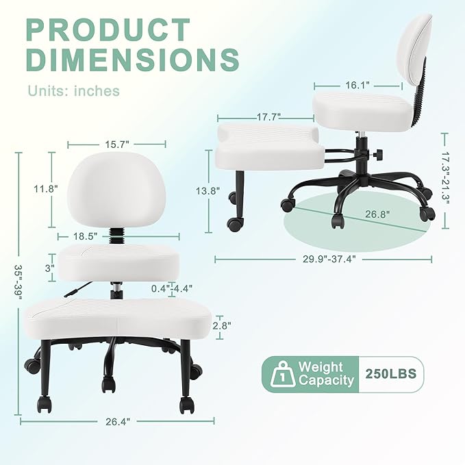 GUNJI Ergonomic Criss Cross Legged Office Chair, 360° Swivel Meditation Kneeling Chair with Wheels, ADHD Chair with Footrest, Lumbar Support, Wider Height Adjustable Seat (Faux Leather, White)
