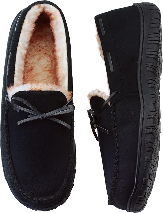 VLLy Mens Moccasin Slippers with Memory Foam Arch Support, Non Slip Rubber Sole House Shoes for Men Machine Washable Warm ...