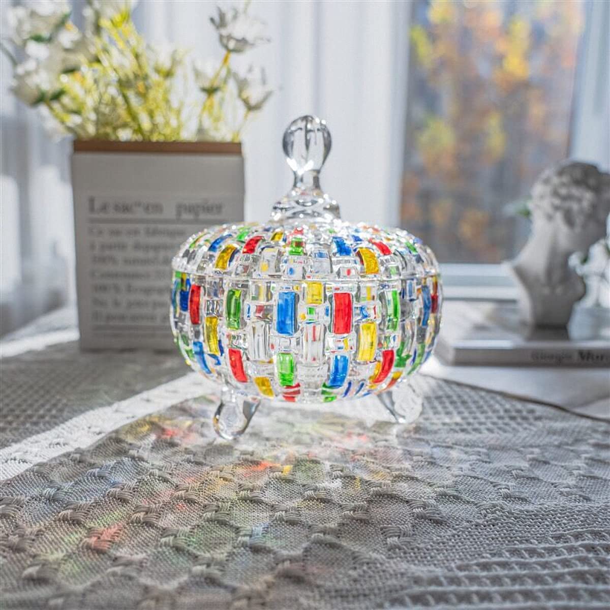 MAGCOLOR Elegant-Hand Painted Colorful Large Crystal Glass Candy Box,Candy jars with Lid,Storage Jewelry Jar,Candy dish covered,Great Gift for Family Friends-24 oz-Cute Candy servers.