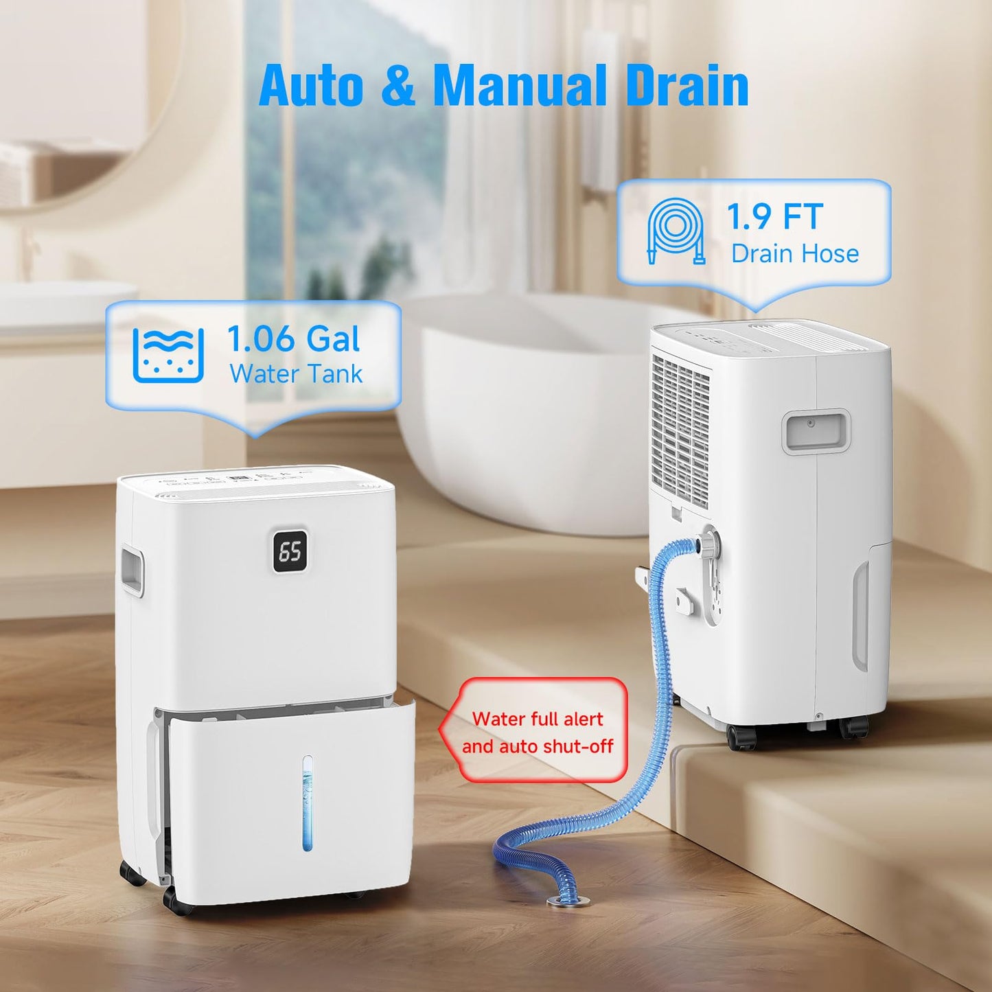 Aqukesu 80 Pint Dehumidifier - Up to 5,000 Sq Ft, for Basement, Bedroom, Bathroom, Living Room, Home, Garage | 3 Fan Speeds, Smart Humidity Control, Auto Drain, Easy Move Wheels