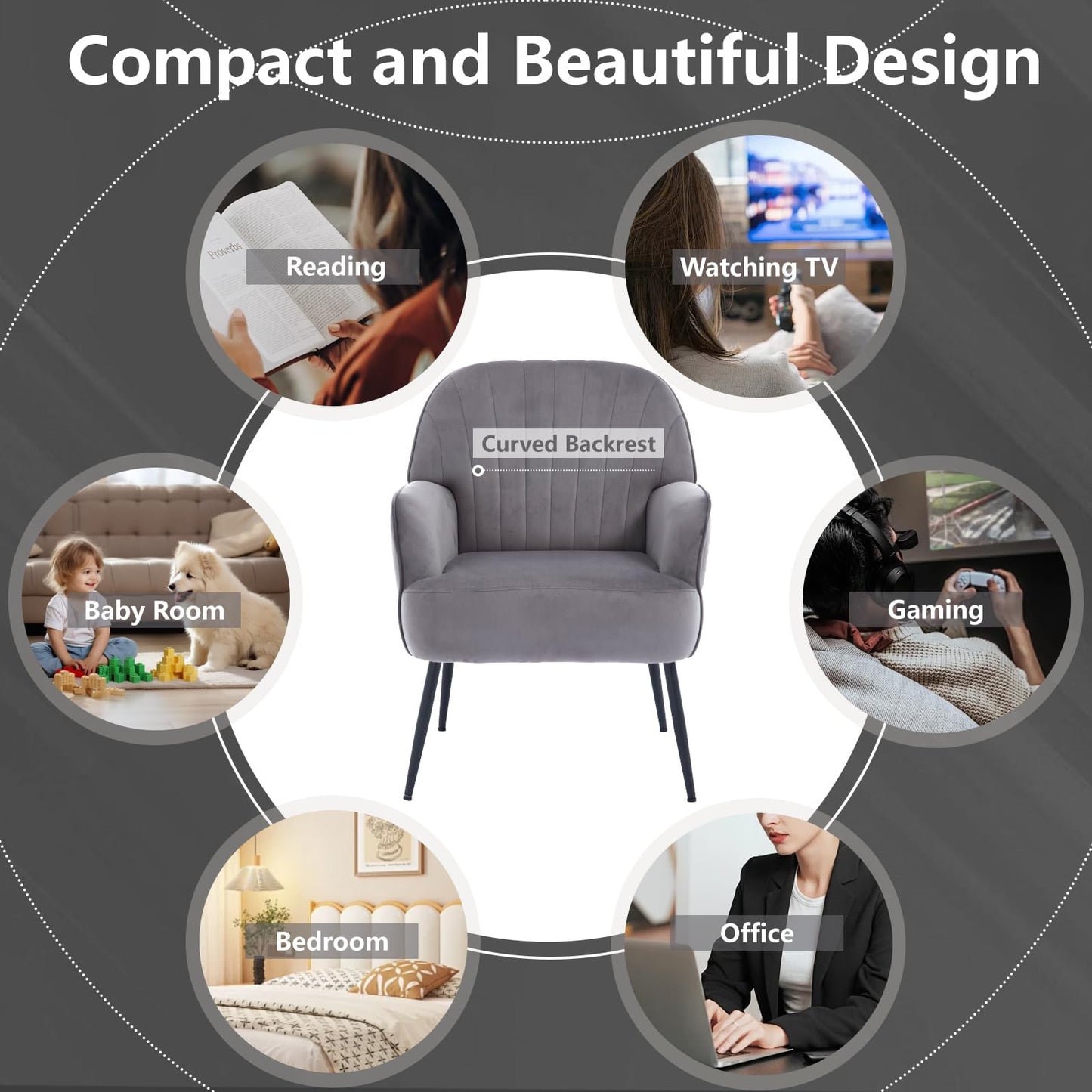 E-Motie Velvet Accent Chair, Modern Upholstered Living Room Chairs, Luxury Single Sofa Armchair, Comfy Barrel Chairs for Bedroom, Waiting Room, Office and Cafe, Grey