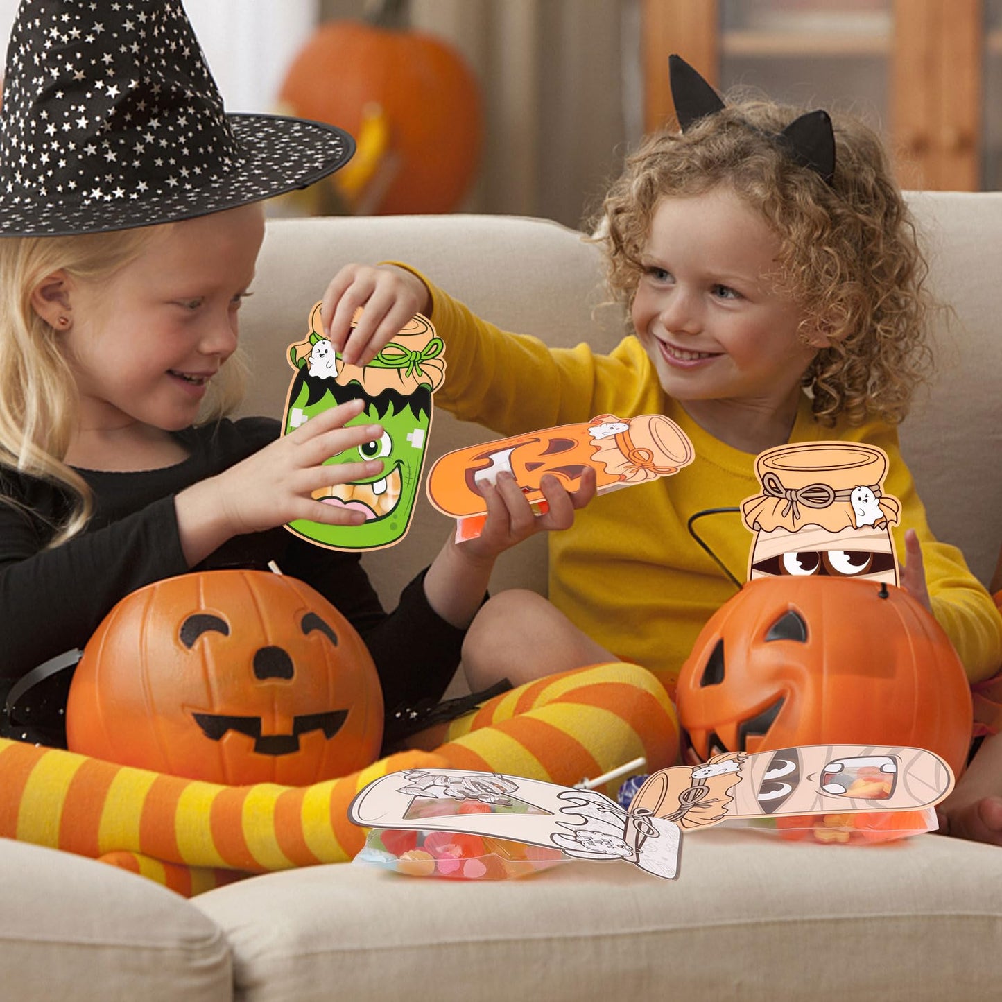 CCINEE Halloween Mason Jar Candy Bags with Cards, 50 Pack Greeting Candy Cards with Clear Treat Bags for Halloween Party Favors DIY Crafts Trick or Treat Classroom Events Exchange Gift Supplies
