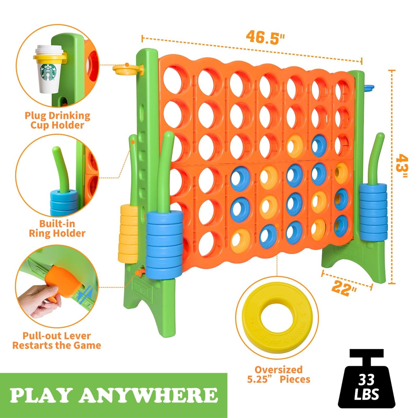 Oversized 4 in a Row Connect Game+Waterproof Carry Bag,Included-4 ft X 3.5 ft Tall,4-to-Score Jumbo with 44 Pieces Rings&Drink Holder,48” Super Size-Indoor&Outdoor Giant 4 Game for Kids&Adults