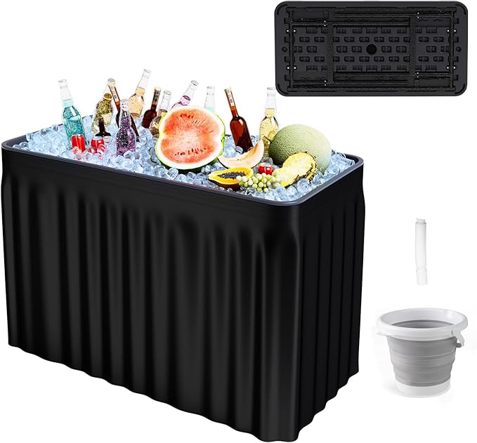 4 Foot Ice Cooler Table, Folding Buffet Cold Food Keeper w/Removable Matching Skirt & Drain Plug, Portable Patio Outdoor C...