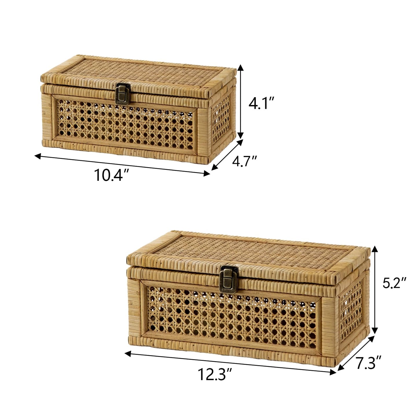HuiDao Rattan Decorative Box, Boho Display Boxes with Lids, Set of 2 Rectangular Wicker Storage Basket, Natural Woven Cane Bins for Home Decor (Rectangular)
