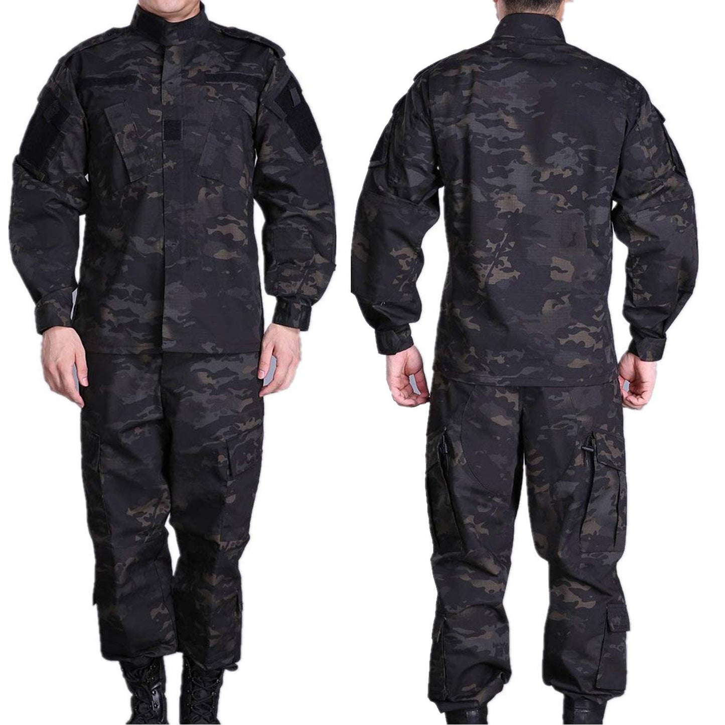 Tactical Suit Men’s Camouflage Combat BDU Jacket Shirt & Trousers Uniform Camo Suit Belt CS Game Military Paintball Airsoft (XL, MCBK)