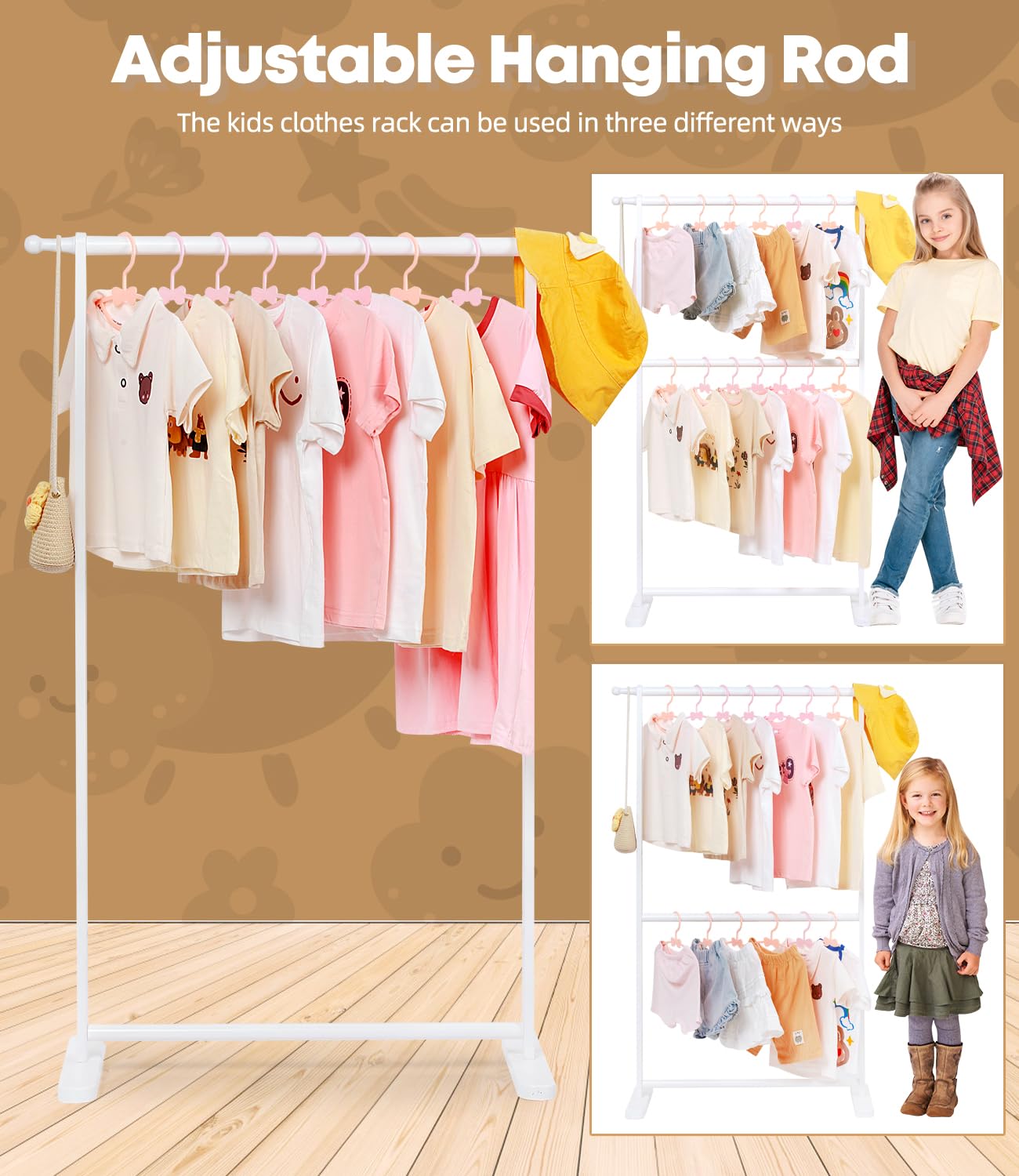 Relquorax Bamboo Kids Clothing Rack with Dual Poles, Child Dress Up Rack, Clothing OrganizerRack, Small GarmentRack, Perfect for Costumes and Accessories (White)
