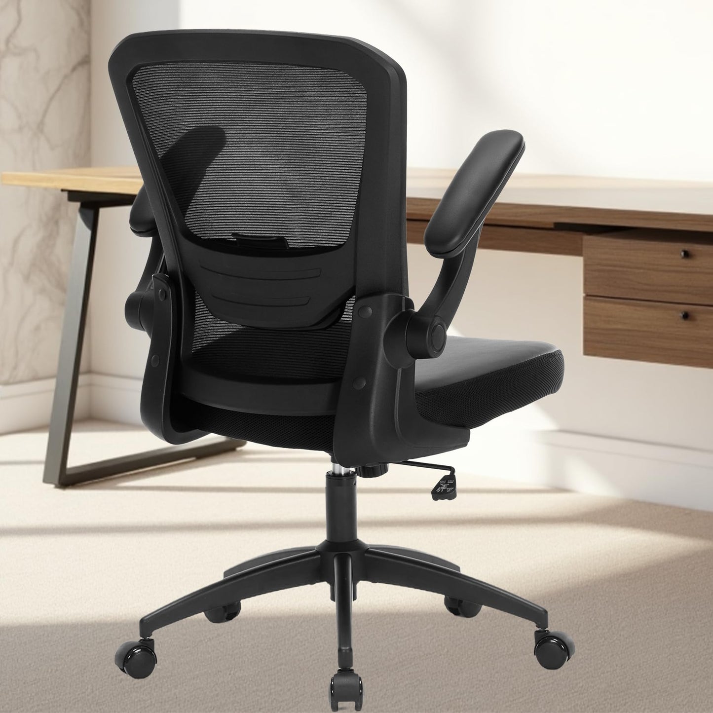 TOPBSHODC Ergonomic Office Chair 400lbs PU Leather Mesh Desk Chair with Lumbar Support, Flip-Up Arms, Swivel Wheels, Adjustable Height, Rolling Executive Computer Task Chair for Home Office,Black