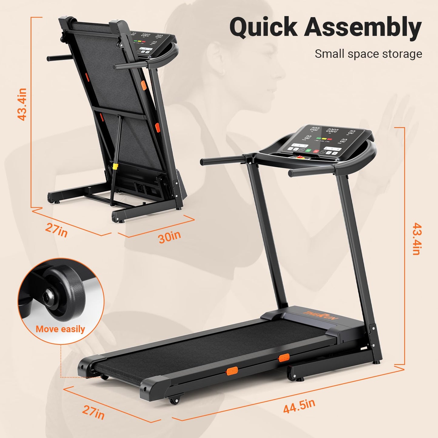 THERUN Incline Treadmill, 0-12% Auto Incline Treadmill for Running and Walking, 300 lbs Weight Capacity, Wide Belt,3.0HP,18" LED Screen, 2 Layers Shock-Absorbing, Orange Black