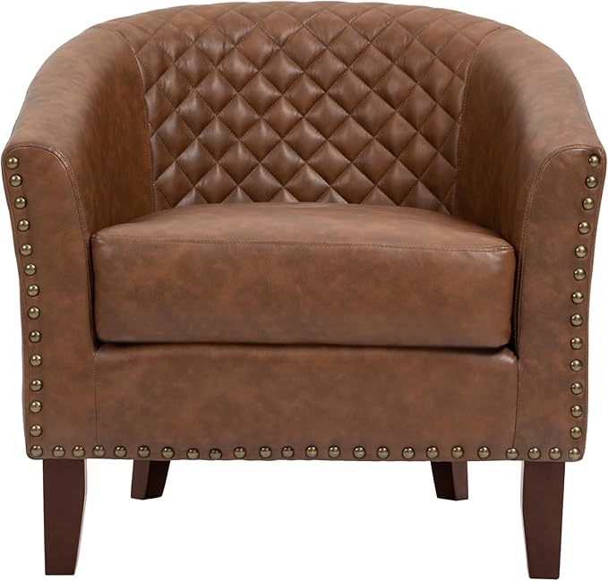 UIXE PU Leather Barrel Accent Chairs Set of 4, Modern Upholstered Armchair Round Club Chair for Living Room, Comfy Nailed Trim Arm Chair Bedroom Side Reading Seat - Brown