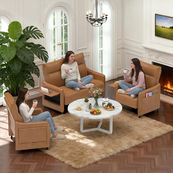 Tbillionnext 3-Piece Living Room Sofa Set, Faux Leather Loveseat & Accent Chairs Set of 2 with Hidden Foldable Tray & Side Pocket, Rear Contour Arm Design, Upholstered Sofa Set for Office, Brown