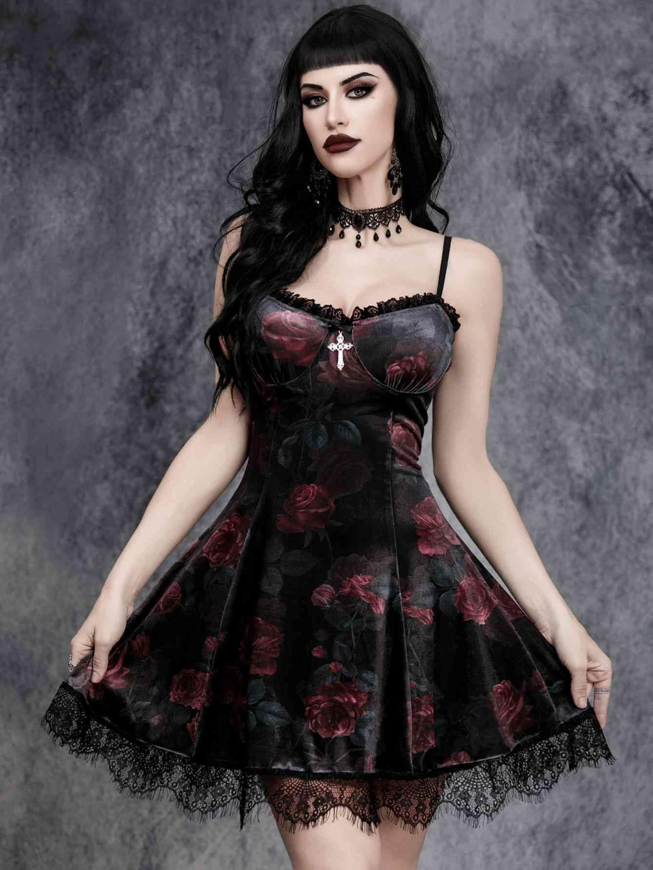 GothDark Vintage Goth Velvet Dress with V Neck Lace Trim Summer Sexy Party Mini Black Dress