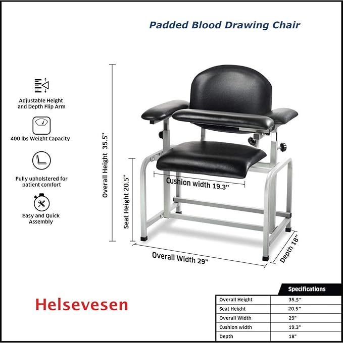 Helsevesen Blood Drawing Phlebotomy Chair, Comfortable Padded Lab Draw Chair with Adjustable Armrest (Black)