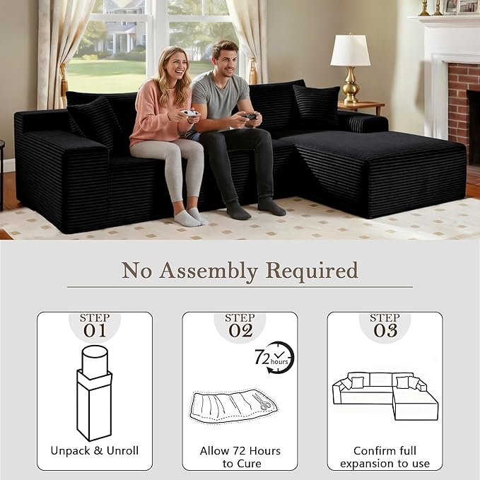 105’’ L-Shape Modular Sectional Sofa with Chaise, Convertible Cloud Couch, Corduroy Fabric & High-Density Memory Foam, No Assembly Required for Living Room (Black, Right Facing Chaise)
