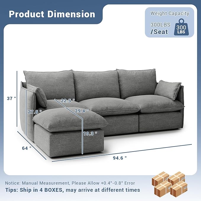 Lopzeho 94.6" Cloud Modular Sectional Sofa, Waterproof Down Filled Sectional Sofas, High Backrest L Shaped 3 Seater Sectional Couches with Ottoman, Modular Couch with Removable Cover, Dark Gray