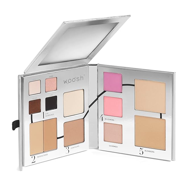 Woosh Beauty, Jetsetter Bundle in #2 Light Medium, Fold out Face Original, Essential Brush Set, Travel Case in Black
