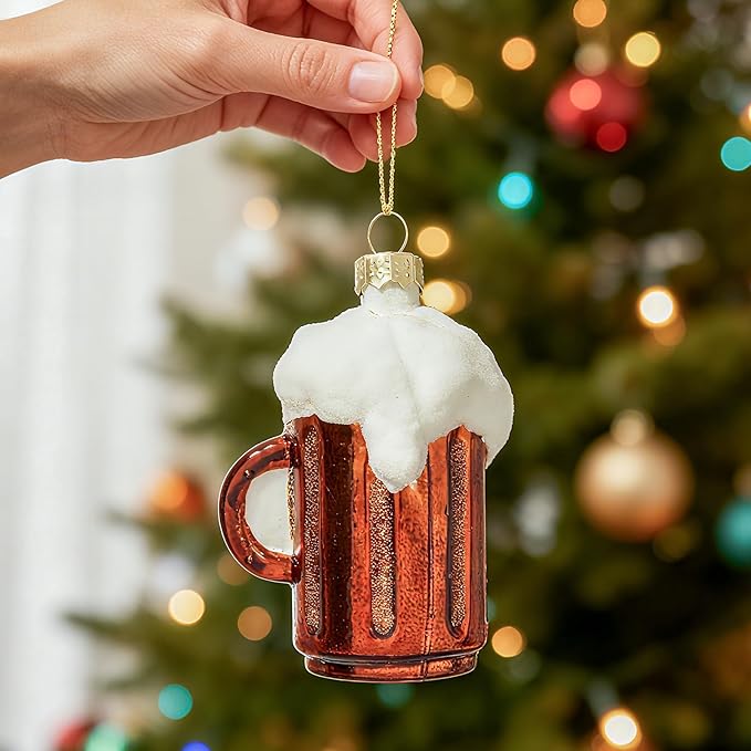 WDS WONDROUS Beer Mug Christmas Ornament & Decoration, Glass Hanging Beer Mug Ornament Set for Christmas Tree Red and White Decor Holiday Party Home Gift