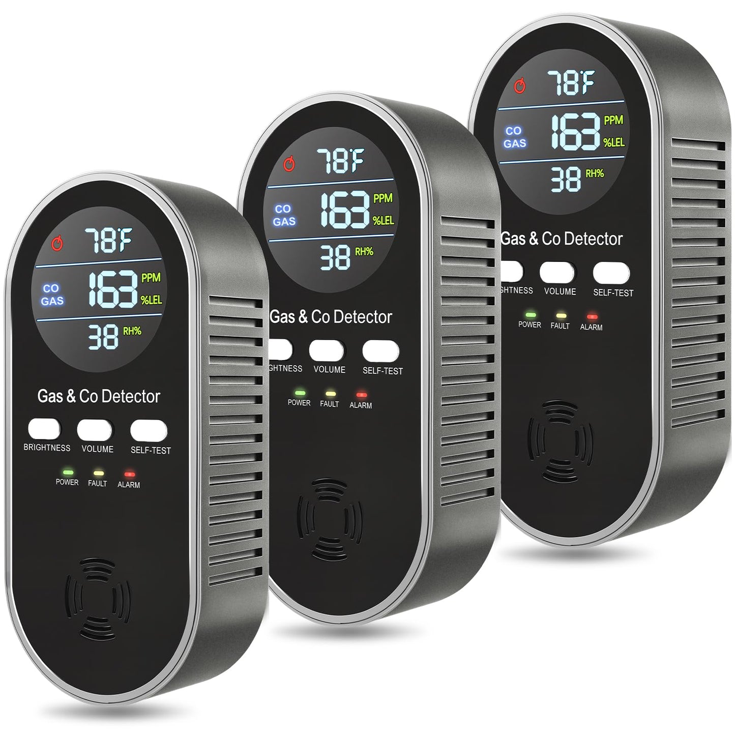 5 in 1 CO & Combustible Gas Detector with Digital Display | Plug-in + 9V Battery Backup | Adjustable Alerts & Self-Test | Carbon Monoxide Detectors for Home, Kitchen, RV (3-Pack)