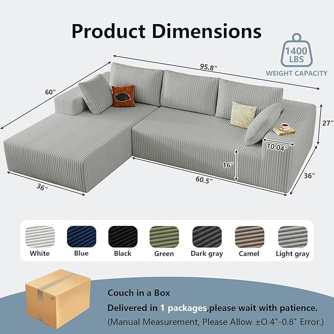 96" Cloud Sectional Couch with L-Shape Chaise, Modern Corduroy Boneless Couch for Living Room,Memory Foam Sofa with Deep Seat,No Assembly Required (Grey,Left-Facing Chaise)