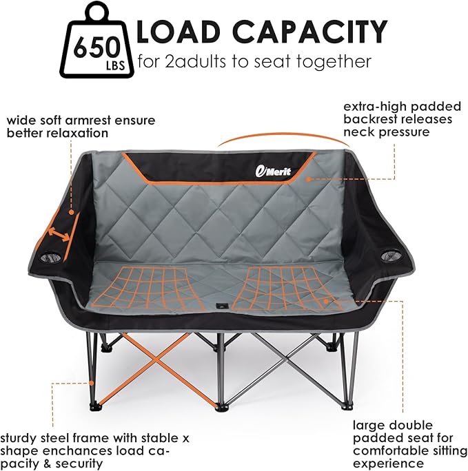 EMERIT Oversized Camping Chair with 650LB Capacity - Heavy Duty Folding Loveseat Camping Couch with Deep Seat & Rip-Resistant Fabric, Padded Comfort, Cup Holders for Outdoor, Lawn & Sports. | 650lb capacity, ripstop polyester, No center bar, cross-brac...