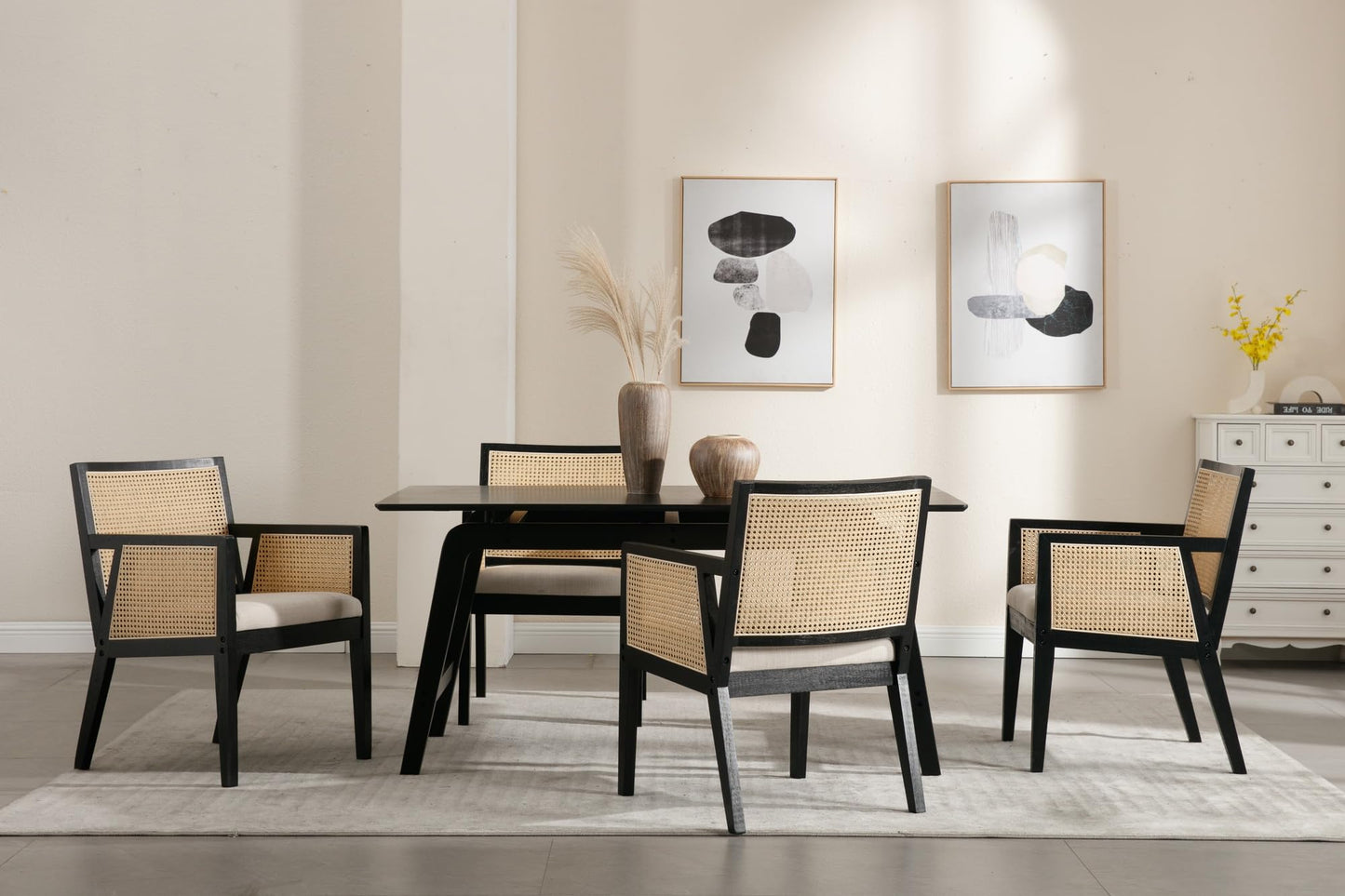 BESTANO Rattan Back Dining Chairs with Arms Set of 2, Mid Century Modern Dining Chairs Linen Fabric Upholstered Kitchen Chairs Side Chairs with Black Wooden Frame for Dining Room, Cream