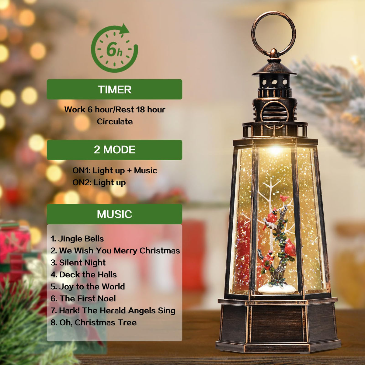 Cardinal Snow Globe Lantern, 13.5'' Musical Christmas Lantern Glitter Globe with Timers, Christmas Decorations Indoor Ornaments Cardinal for Women