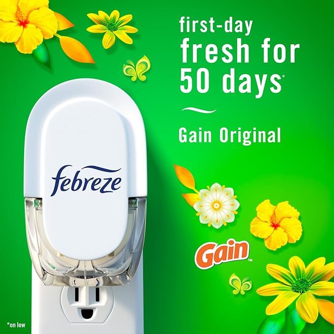 Febreze Plug In Air Freshener, Odor-Fighting Scented Oil Refill, Air Fresheners for Home and Bathroom and Kitchen, Long Lasting for Strong Odors, Gain Original Scent, 0.87oz Refills, 3 Count