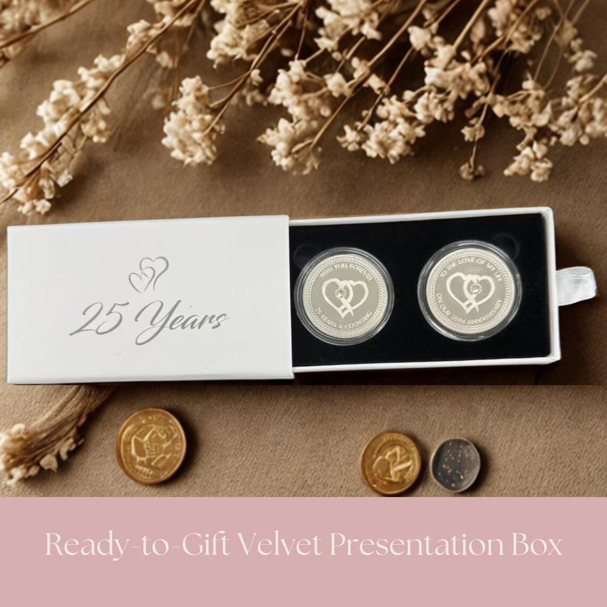25th Wedding Silver Anniversary Commemorative Coins Set of 2 – 25 Year for Couple, Husband or Wife – Traditional Silver-Plated Keepsake in Gift Box