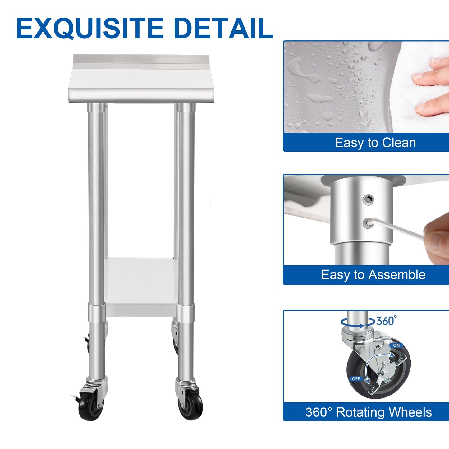 HARDURA Stainless Steel Commercial Work Table with Wheels Prep & Work Metal Table 24×12 Inches Heavy Duty NSF with Casters and 2" Backsplash