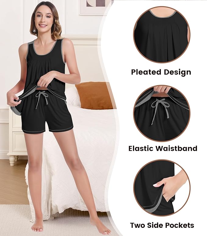 NACHILA Pajamas for Women-Viscose from Bamboo, Ribbed Racerback Tank Top Sexy Split Shorts Pajama Sets Cooling Sleep Cami Pjs
